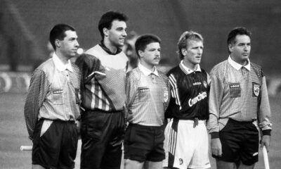 FUDBAL - European Cup Winners Cup - Kapiten Crvene zvezde, golman ZVONKO MILOJEVIC, i kapiten Kajzerslauterna, ANDREAS BREHME - Andreas Breme, i sudije iz Belgije: FERNANDO REDONDO, ERIC BLAREU - Erik Blero, glavni, i CLAUDE GREGOAR - Klod Gregoar. Beograd, 26.09.1996. photo:N.Parausic