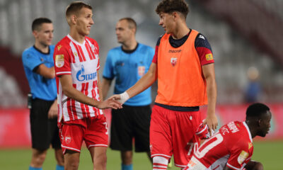 VLADIMIR LUCIC i UROS KABIC fudbaleri Crvene zvezde na utakmici Superlige Prvenstva Srbije protiv Spartaka Subotica na stadionu Rajka Mitica, Beograd 19.08.2023. godine Foto: Marko Metlas Fudbal, Spartak Subotica, Superliga Prvenstvo Srbije, Crvena zvezda