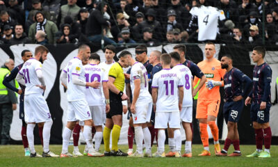 MILAN ILIC glavni sudija, SVETOZAR MARKOVIC, NIKOLA ANTIC, ALEKSANDAR JOVANOVIC golman, GHAYAS ZAHID Gajas Zahid, MATEJA STJEPANOVIC fudbaleri Partizana na utakmici Superlige Prvenstva Srbije protiv STEFAN MARJANOVIC, RADIVOJ BOSIC, NEMANJA MILETIC fudbaleri Javora Ivanjica na Gradskom stadionu, Ivanjica 10.02.2024. godine Foto: Mladjan Ivanovic / MN PRESS Fudbal, Partizan, Superliga Prvenstvo Srbije, Javor Ivanjica