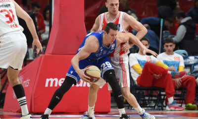 LUKA BOZIC, kosarkas Zadra, na utakmici ABA lige protiv Crvene zvezde, i DEJAN DAVIDOVAC, u u Beogradskoj Stark areni. Beograd, 11.02.2024. foto: Nebojsa Parausic Kosarka, ABA League, Crvena zvezda, Zadar