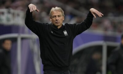 South Korea's head coach Jurgen Klinsmann reacts during the semi-final soccer match between Jordan and South Korea at Ahmad Bin Ali Stadium in Al Rayyan, Qatar, Tuesday, Feb. 6, 2024. (AP Photo/Thanassis Stavrakis)