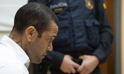 FILE - Brazilian soccer star Dani Alves sits during his trial in Barcelona, Spain, Monday, Feb. 5, 2024. Alves has been found guilty on Thursday Feb. 22, 2024 of sexually assaulting a young woman in a Barcelona nightclub. A three-judge panel sentenced Alves on Thursday to four years and six months. The 40-year-old Alves denied any wrongdoing during a trial that took place over three days this month. The decision can be appealed.(D.Zorrakino/Pool Photo via AP, File)
