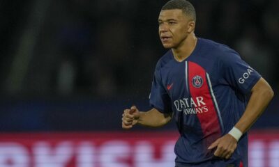 PSG's Kylian Mbappe runs during the Champions League round of 16 first leg soccer match between Paris Saint-Germain and Real Sociedad, at the Parc des Princes stadium in Paris, France, Wednesday, Feb. 14, 2024. (AP Photo/Christophe Ena)