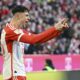 Bayern Munich's Aleksandar Pavlovic celebrates scoring his side's opening goal during the German Bundesliga soccer match between Bayern Munich and Borussia Moenchengladbach, at the Allianz Arena in Munich, Germany, Saturday, Feb. 3, 2024. (Angelika Warmuth/dpa via AP)