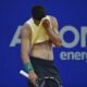 Carlos Alcaraz, of Spain, wipes his brow after losing a point to Nicolas Jarry, of Chile, during an Argentina Open ATP semifinal tennis match, at the Guillermo Vilas Stadium, in Buenos Aires, Argentina, Saturday, Feb. 17, 2024. (AP Photo/Gustavo Garello)