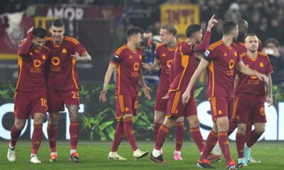 Roma's players celebrate a goal from they teammate Lorenzo Pellegrini, against Cagliari during a Serie A soccer match between Roma and Cagliari, at Rome's Olympic Stadium, on Monday, Feb. 5, 2024. (AP Photo/Andrew Medichini)