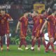 Roma's players celebrate a goal from they teammate Lorenzo Pellegrini, against Cagliari during a Serie A soccer match between Roma and Cagliari, at Rome's Olympic Stadium, on Monday, Feb. 5, 2024. (AP Photo/Andrew Medichini)