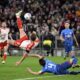 Bayern Munich's Harry Kane takes a back kick against Leipzig's Willi Orban during the Bundesliga soccer match between Bayern Munich and RB Leipzig, at the Allianz Arena in Munich, Germany, Saturday Feb. 24, 2024. (Sven Hoppe/dpa via AP)