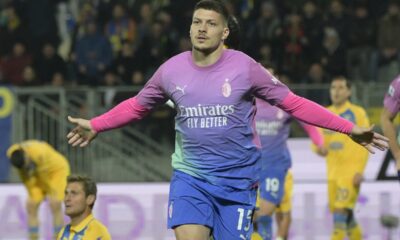 AC Milan's Luka Jovic celebrates scoring his side's third goal during the Italian soccer match between Frosinone and AC Milan, at the Benito Stirpe Stadium in Frosinone, Italy, Saturday, Feb. 3, 2024. (Alessandro Garofalo/LaPresse via AP)