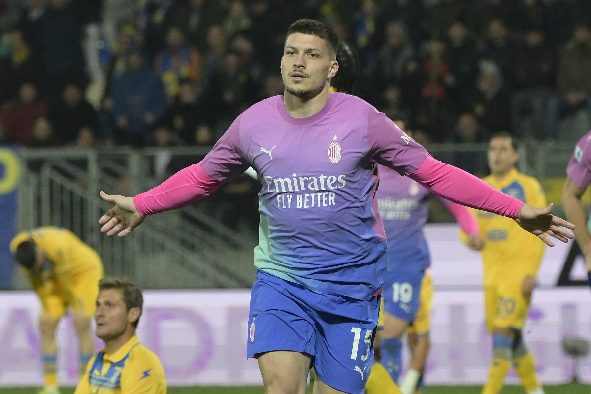 AC Milan's Luka Jovic celebrates scoring his side's third goal during the Italian soccer match between Frosinone and AC Milan, at the Benito Stirpe Stadium in Frosinone, Italy, Saturday, Feb. 3, 2024. (Alessandro Garofalo/LaPresse via AP)