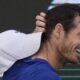 Andy Murray of Great Britain reacts after losing a ball to Denis Shapovalov of Canada during a match of the Dubai Duty Free Tennis Championships in Dubai, United Arab Emirates, Monday, Feb. 26, 2024. (AP Photo/Kamran Jebreili)