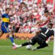 River Plate's Pablo Solari, right, scores the opening goal against Boca Juniors during an Argentine soccer league match in Buenos Aires, Argentina, Sunday, Feb. 25, 2024. (AP Photo/Natacha Pisarenko)