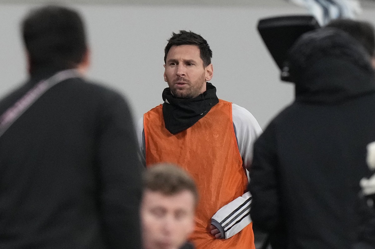 Inter Miami's Lionel Messi warms up during the friendly soccer match between Vissel Kobe and Inter Miami CF at the National Stadium, Wednesday, Feb. 7, 2024, in Tokyo, Japan. (AP Photo/Eugene Hoshiko)