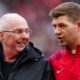 Former England manager Sven-Goran Eriksson stands alongside Steven Gerrard before the start of an exhibition soccer match between Liverpool Legends and Ajax Legends at Anfield Stadium, Liverpool, England, Saturday March 23, 2024. Former England boss Eriksson, who is a lifelong Liverpool fan, disclosed his terminal cancer diagnosis in January. (AP Photo/Jon Super)