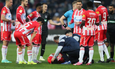 fudbaler Crvene zvezde na utakmici Mocart Superlige protiv Partizana, na stadionu Rajko Mitic, Beograd, 09.03.2024. foto: Marko Metlas Fudbal, 172. derbi, Partizan, Crvena zvezda, derbi, Superliga