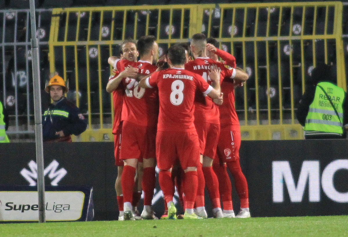 RADOST fudbalera Radnickog Kragujevac na utakmici Superlige Prvenstva Srbije protiv Partizana na stadionu Partizana, Beograd 14.05.2023. godine Foto: Marko Metlas Fudbal, Partizan, Superliga Prvenstvo Srbije, Radnicki Kragujevac