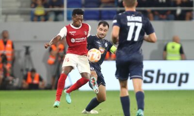 GORAN ANTONIC fudbaler TSC Backa Topola na utakmici kvalifikacija za Ligu Sampiona protiv ALVARO DJALO iz Brage na TSC Areni, Backa Topola 15.08.2023. godine Foto: Ivica Veselinov / MN PRESS FUDBAL, FOOTBALL, UEFA CHAMPIONS LEAGUE QUALIFICATIONS, LIGA SAMPIONA, KVALIFIKACIJE, TSC BACKA TOPOLA, SC BRAGA, TSC ARENA