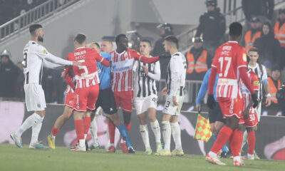 PEPE CHERIF NDIAYE Pepe Cerif Ndiaje, UROS SPAJIC fudbaleri Crvene zvezde, na prvenstvenoj utakmici protiv Partizana, na stadionu JNA. Beograd, 20.12.2023. foto: MN Press / Ivica Veselinov Fudbal, 171. derbi, Partizan, Crvena zvezda,
