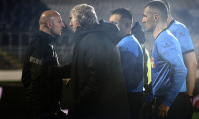 NIKOLA RADAKOVIC sudija iz Novog Sada i IGOR DULJAJ trener fudbalera Partizana na utakmici Superlige Prvenstva Srbije protiv Napretka Krusevac na stadionu Partizana, Beograd 13.03.2024. godine Foto: Marko Metlas Fudbal, Partizan, Superliga Prvenstvo Srbije, Napredak Krusevac