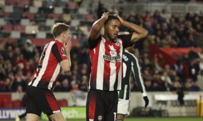 Brentford's Mathias Jorgensen, right reacts following a shot on goal during the English Premier League soccer match between Brentford and Manchester United at the Gtech Community Stadium in London, Saturday, March 30, 2024. (AP Photo/Ian Walton)