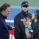 ATP Supervisor Roland Herfel, left, disqualifies Andrey Rublev during his semi final match with Alexander Bublik of Kazakhstan at the Dubai Duty Free Tennis Championships in Dubai, United Arab Emirates, Friday, March 1, 2024. (AP Photo/Kamran Jebreili)