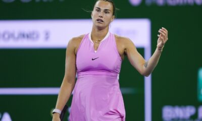 Aryna Sabalenka, of Belarus, reacts after losing a point against Peyton Stearns, of the United States, at the BNP Paribas Open tennis tournament in Indian Wells, Calif., Friday, March 8, 2024. (AP Photo/Ryan Sun)