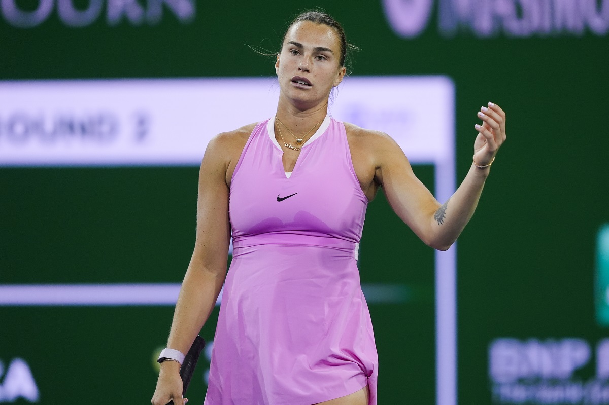 Aryna Sabalenka, of Belarus, reacts after losing a point against Peyton Stearns, of the United States, at the BNP Paribas Open tennis tournament in Indian Wells, Calif., Friday, March 8, 2024. (AP Photo/Ryan Sun)