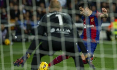 Barcelona's Ilkay Gundogan kicks the ball during a Spanish La Liga soccer match between Barcelona and Mallorca at the Olimpic Lluis Companys stadium in Barcelona, Spain, Friday, March 8, 2024. (AP Photo/Joan Monfort)