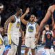 Golden State Warriors players Chris Paul (3), Draymond Green (23), and Moses Moody, left, celebrate during the second half of the team's NBA basketball game against the New York Knicks in New York, Thursday, Feb. 29, 2024. (AP Photo/Peter K. Afriyie)