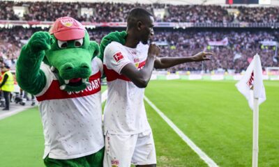 Stuttgart's Serhou Guirassy celebrates after scoring the opening goal during the Bundesliga soccer match between VfB Stuttgart and 1. FC Heidenheim in Stuttgart, Germany, Sunday, March 31, 2024. (Tom Weller/dpa via AP)