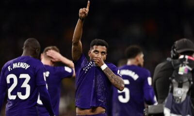 Real Madrid's Rodrygo celebrates after scoring his side's second goal during a Spanish La Liga soccer match between Real Madrid and Athletic Bilbao at the Santiago Bernabeu stadium in Madrid, Spain, Sunday, March 31, 2024. (AP Photo/M. Gracia Jimenez)