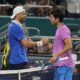 Grigor Dimitrov of Bulgaria and Carlos Alcaraz of Spain greet each other at the end of their match during the Miami Open tennis tournament, Thursday, March 28, 2024, in Miami Gardens, Fla. Dimitrov defeated Alcaraz. 6-2, 6-4. (AP Photo/Marta Lavandier)