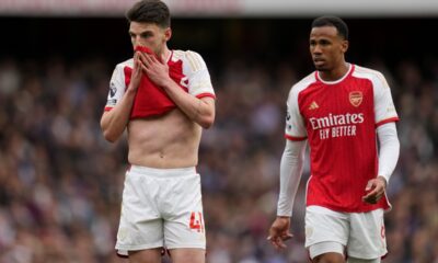 Arsenal's Declan Rice, left, reacts besides Arsenal's Gabrielvduring the English Premier League soccer match between Arsenal and Aston Villa at the Emirates stadium in London, Sunday, April 14, 2024. (AP Photo/Kirsty Wigglesworth)