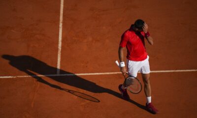 Serbia's Novak Djokovic reacts during the Monte Carlo Tennis Masters semifinal match against Casper Ruud, of Norway in Monaco, Saturday, April 13, 2024. (AP Photo/Daniel Cole)