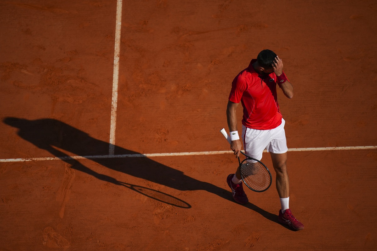 Serbia's Novak Djokovic reacts during the Monte Carlo Tennis Masters semifinal match against Casper Ruud, of Norway in Monaco, Saturday, April 13, 2024. (AP Photo/Daniel Cole)