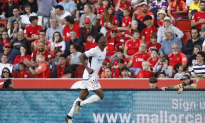 Real Madrid's Aurelien Tchouameni celebrates after scoring the opening goal during a Spanish La Liga soccer match between Mallorca and Real Madrid at the Son Moix stadium in Palma de Mallorca, Spain, Saturday, April 13, 2024. (AP Photo/Francisco Ubilla)