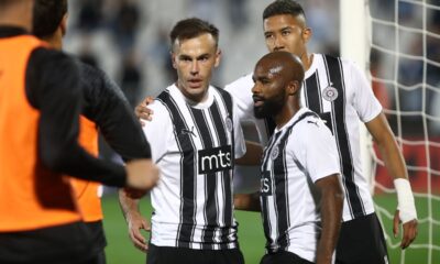 BIBARS NATCHO Bibars Natho, ALDO KALULU i MATHEUS BONIFACIO SALDANHA Mateus Bonifasio Saldanja fudbaleri Partizana na utakmici Mocart Superlige Srbije protiv Mladosti na stadionu Partizana, Beograd 07.10.2023. godine Foto: Ivica Veselinov / MN PRESS FUDBAL, FOOTBALL, MOZZART SUPERLIGA, PRVENSTVO SRBIJE, NATIONAL CHAMPIONSHIP, PARTIZAN, MLADOST LUCANI