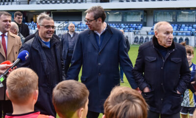 BRANISLAV NEDIMOVIC potpredsednik FSS, ALEKSANDAR VUCIC predsednik Srbije, DRAGAN DZAJIC predsednik FSS, Otvaranje stadiona Lagator, Loznica, 18.11.2023. godine Foto: MN PRESS Fudbal, Lagator, Loznica