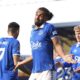 Everton's Dominic Calvert-Lewin, centre, celebrates scoring his side's first goal of the game, during the English Premier League soccer match between Everton and Burnley, at Goodison Park, in Liverpool, England, Saturday April 6, 2024. (Martin Rickett/PA via AP)
