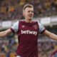 West Ham United's James Ward-Prowse celebrates scoring their second goal of the game during the English Premier League soccer match between West Ham United and Wolverhampton Wanderers at Molineux stadium in Wolverhampton, England, Saturday April 6, 2024. (Mike Egerton/PA via AP)