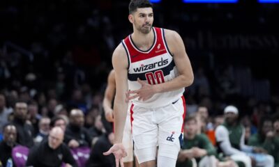 Washington Wizards forward Tristan Vukcevic celebrates a three-point shot during the second half of an NBA basketball game against the Milwaukee Bucks, Tuesday, April 2, 2024, in Washington. The Wizards won 117-113. (AP Photo/Alex Brandon)