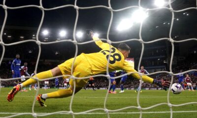 Aston Villa's Morgan Rogers, third right, scores their side's second goal of the game during the English Premier League soccer match between Aston Villa and FC Chelsea in Birmingham, England, Saturday, April 27, 2024. (Nick Potts/PA via AP)