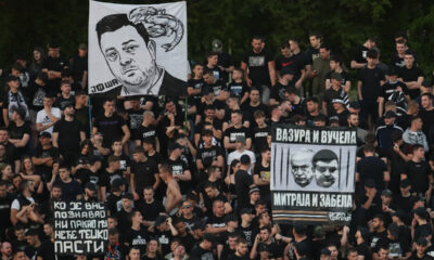 Navijači Partizana, Grobari, na utakmici Mocart Superlige protiv Čukaričkog na stadionu Cukarickog, Beograd 14.04.2024. godine Foto: Ivica Veselinov / MN PRESS FUDBAL, FOOTBALL, MOZZART SUPERLIGA, PRVENSTVO SRBIJE, NATIONAL CHAMPIONSHIP, FK CUKARICKI, FK PARTIZAN