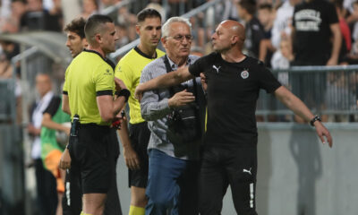 Trener Partizana Igor Duljaj u verbalnom duelu sa sudijom Milanom Ilićem na meču protiv Čukaričkog. Beograd 14.04.2024. godine Foto: Ivica Veselinov / MN PRESS FUDBAL, FOOTBALL, MOZZART SUPERLIGA, PRVENSTVO SRBIJE, NATIONAL CHAMPIONSHIP, FK CUKARICKI, FK PARTIZAN