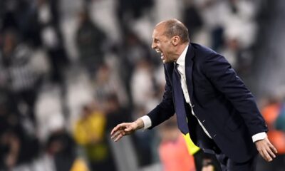 Juventus' head coach Massimiliano Allegri reacts during the Serie A soccer match between Juventus FC and Fiorentina at the Juventus stadium in Turin, Italy, Sunday April 7, 2024. (Fabio Ferrari/LaPresse via AP)