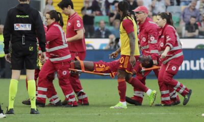 Roma's Evan Ndicka is carried off the pitch on a stretcher during the Serie A soccer match between Udinese and Roma at the Bluenergy Stadium in Udine, Italy, Sunday, April 14, 2024. (Andrea Bressanutti/LaPresse via AP)