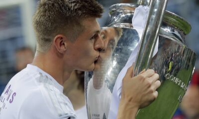 Real Madrid's Toni Kros celebrates with the trophy after the Champions League final soccer match between Real Madrid and Atletico Madrid at the San Siro stadium in Milan, Italy, on May 28, 2016. Real Madrid said the 34-year-old German international “has decided to bring an end to his time as a professional footballer following Euro 2024.” (AP Photo/Manu Fernandez)