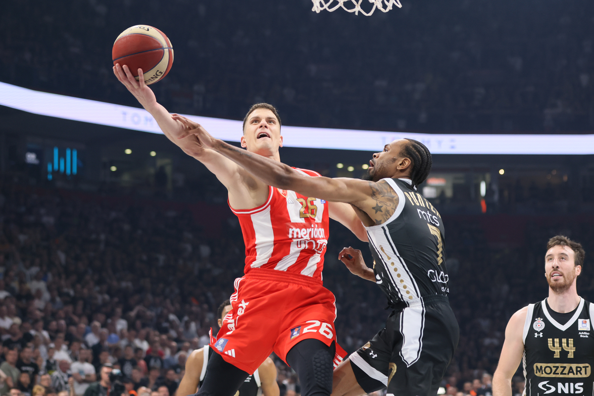 kosarkas Partizana na utakmici finala plej ofa ABA lige protiv Crvene zvezde u hali Beogradska arena, Beograd 19.05.2024. godine Foto: Marko Metlas Kosarka, Aba liga, Partizan, Crvena zvezda, Plej of