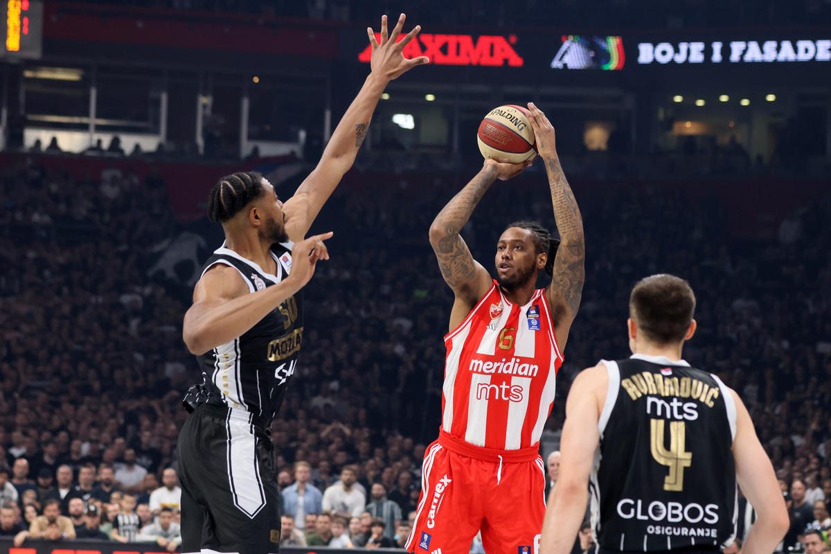 kosarkas Partizana na utakmici finala plej ofa ABA lige protiv Crvene zvezde u hali Beogradska arena, Beograd 19.05.2024. godine Foto: Marko Metlas Kosarka, Aba liga, Partizan, Crvena zvezda, Plej of