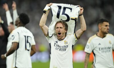 Real Madrid's Luka Modric celebrates after winning the Champions League semifinal second leg soccer match between Real Madrid and Bayern Munich at the Santiago Bernabeu stadium in Madrid, Spain, Wednesday, May 8, 2024. Real Madrid won 2-1. (AP Photo/Jose Breton)